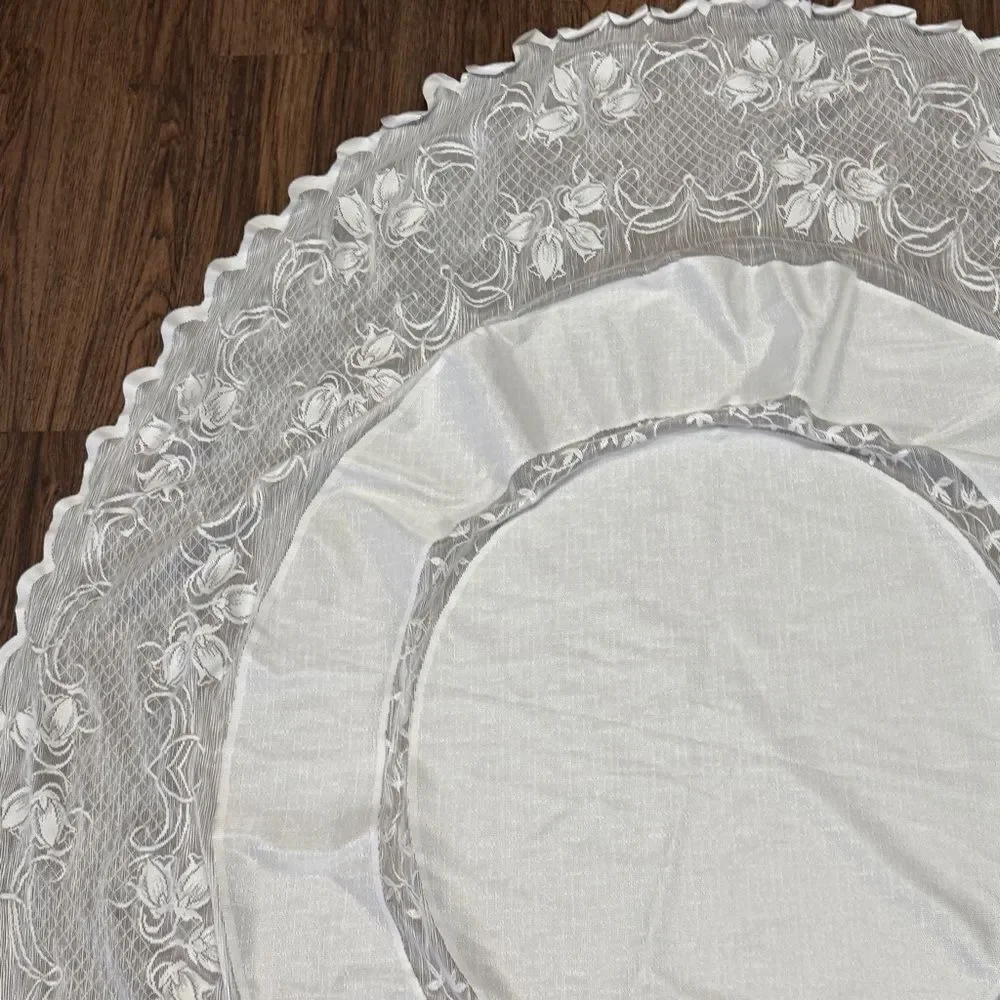 Vintage Ivory White Oval Tablecloth Solid Central Panel With Tiered Lace Border